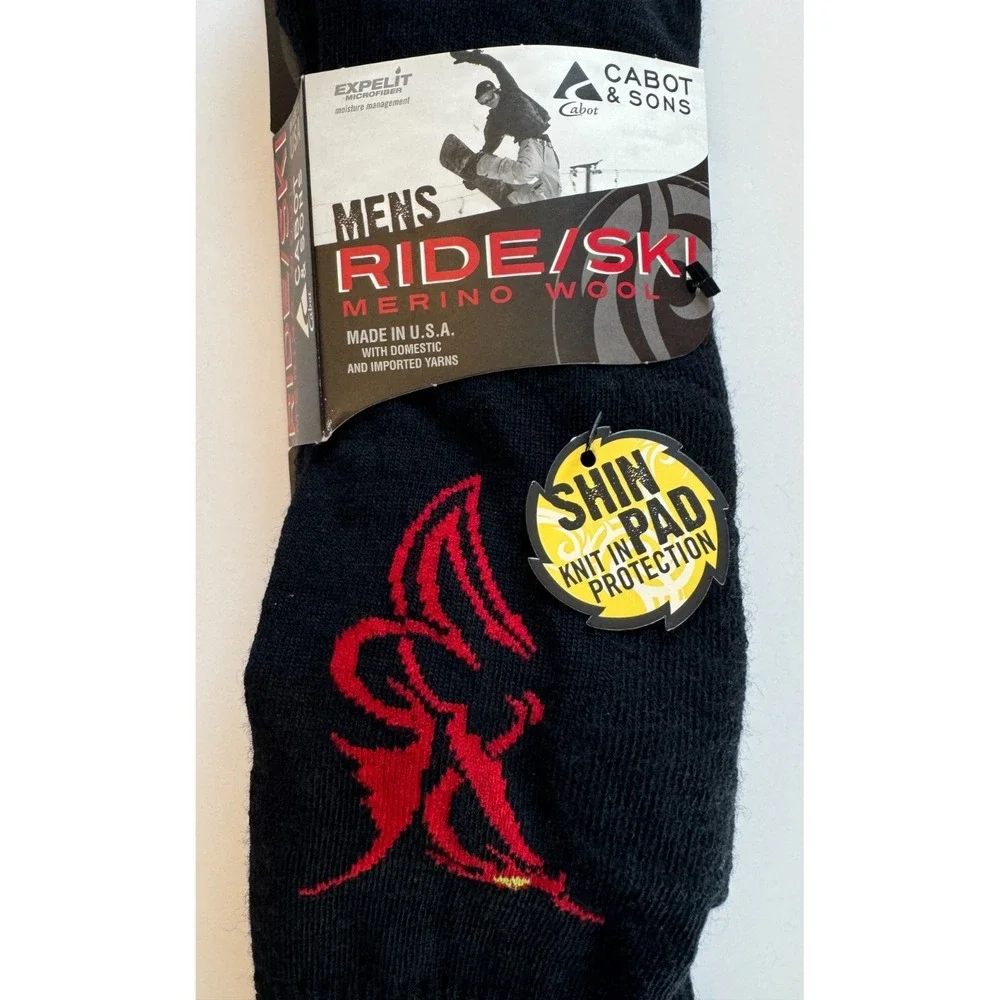 NEW CABOT & SONS Ride / Ski Merino Wool Socks Black & Red Shin Pad Men's 10-13